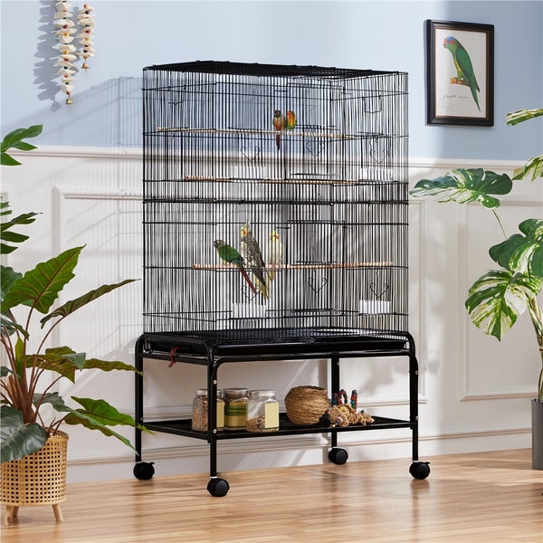 Vogelkäfig mit Ständer, Rollen und mehreren Vögeln