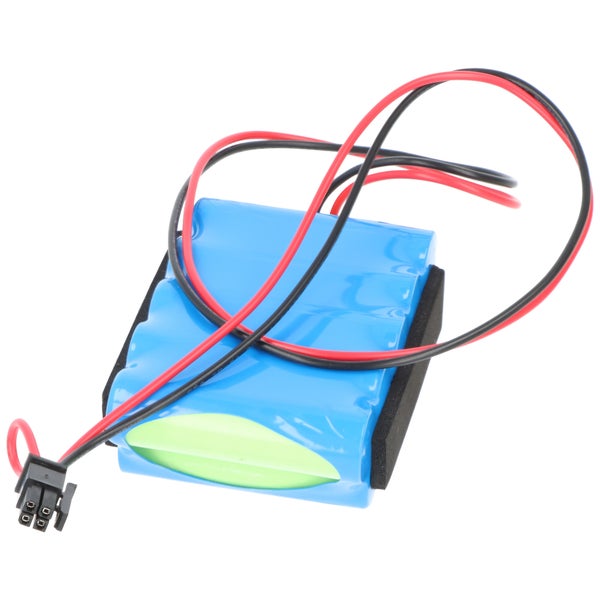 Akku-Pack mit blauem Gehäuse, Anschlusskabeln in Rot und Schwarz sowie einem vierpoligen Stecker.