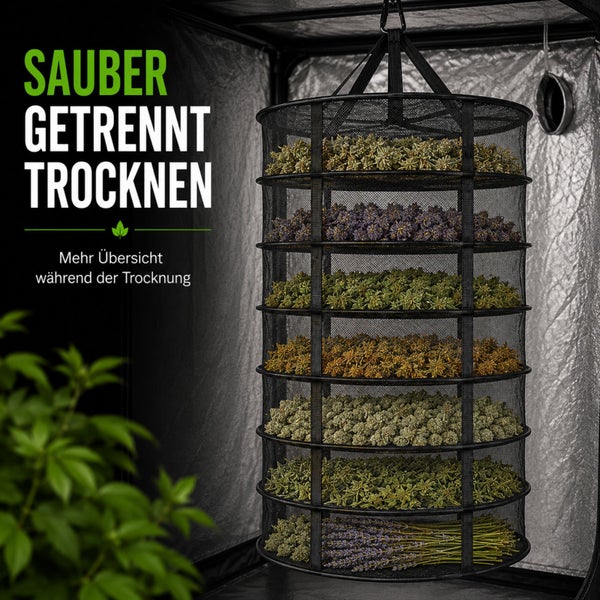 Hängendes achtstufiges Trockennetz aus Mesh-Gewebe in einem Growzelt, belegt mit verschiedenen Kräutern und Blüten zur Trocknung.