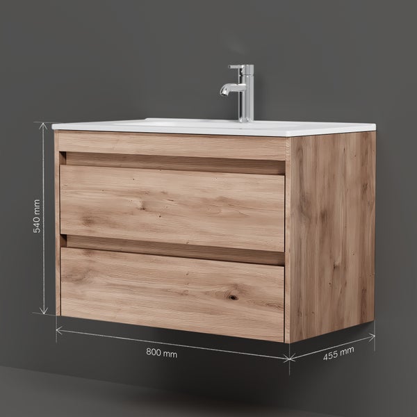 Waschtischunterschrank mit zwei Schubladen, Waschtisch und Armatur, Maße 800x540x455 Millimeter