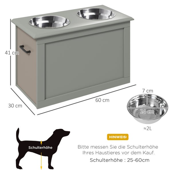 PawHut Hunde Fressnapf mit Staumraum 2 Näpfen Futterstation Edelstahlnapf Katzenapf Edelstahl Grau 60 x 30 x 41 cm