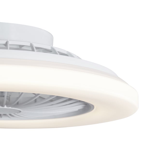Weißer Deckenventilator mit integriertem LED Lichtring und Schutzgitter.