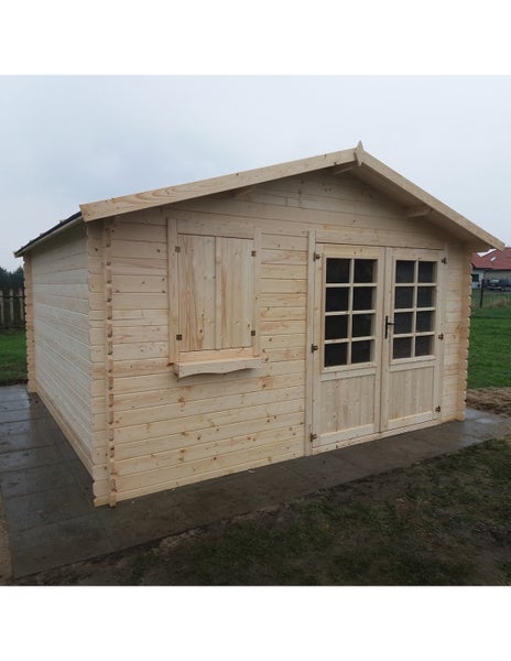 Gartenhaus aus Holz mit Satteldach, Doppeltür mit Fenstereinsätzen und einem Fenster mit Fensterladen.