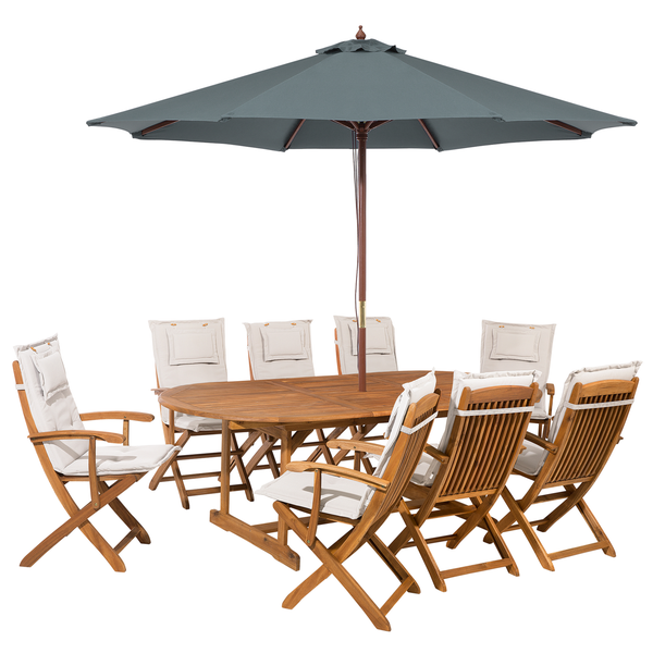Gartenmöbel Set 8-Sitzer MAUI mit Schirm Akazienholz Cremeweiß