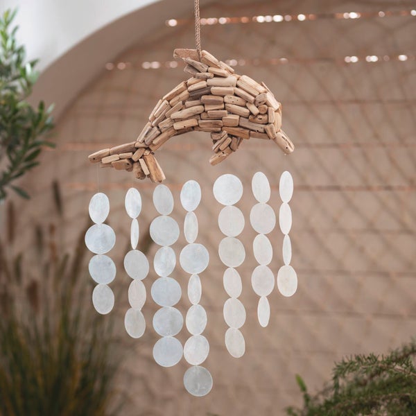 FRANK FLECHTWAREN|Delfinhänger Capiz, 33 x 5 x 54 cm, TREIBHOLZ, CAPIZ, SISAL