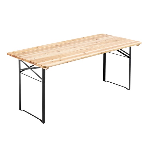Klappbarer Biertisch mit massiver Holzplatte und schwarzem Metallgestell.