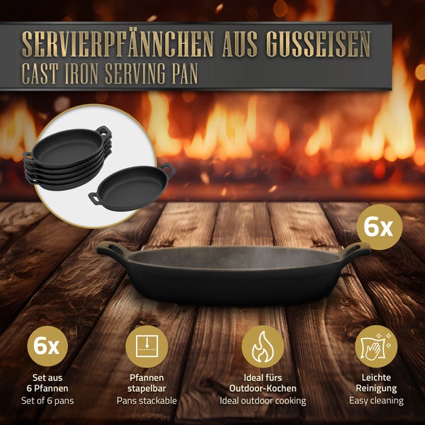 BBQ#BOSS 6er Set Servierpfännchen aus Gusseisen, Grillpfännchen oval 22x12 cm, bereits eingebrannt, antihaftbeschichtet, Gusspfännchen mit Tragegriffe, Grillpfannen Pfännchen Servierpfanne Pfannenset