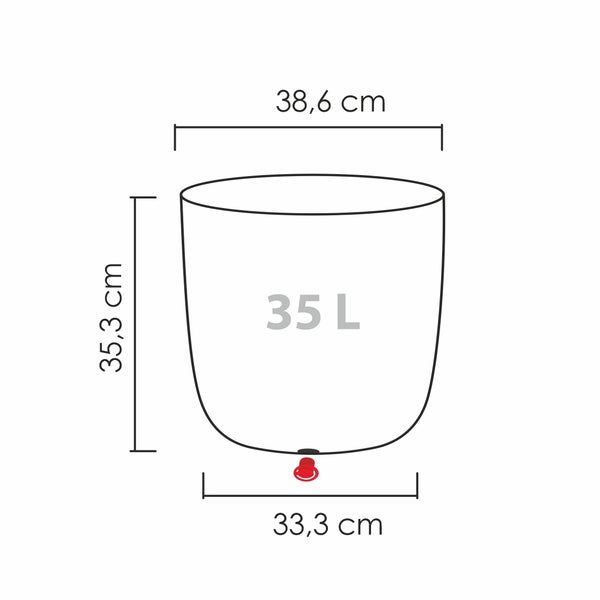 Maßskizze eines Blumentopfes mit 35 Liter Fassungsvermögen und Maßen von 38,6 mal 35,3 mal 33,3 Zentimetern