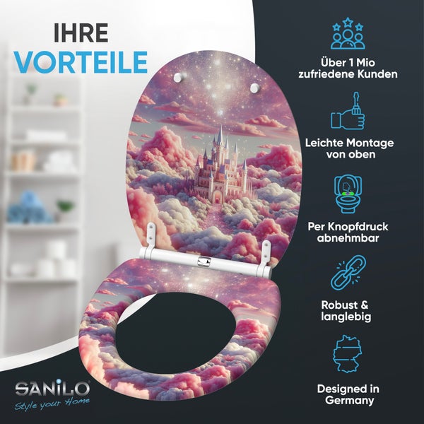 Sanilo WC Sitz mit Märchenschloss Motiv und Absenkautomatik sowie Montage von oben und abnehmbar per Knopfdruck für einfache Reinigung.