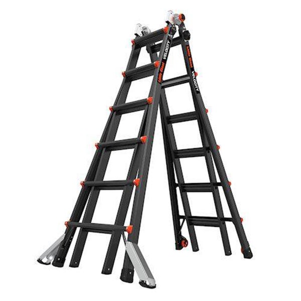 Schwarze Teleskop-Mehrzweckleiter Little Giant Velocity aus Aluminium mit verstellbarer Höhe und breiten Stabilisatoren.