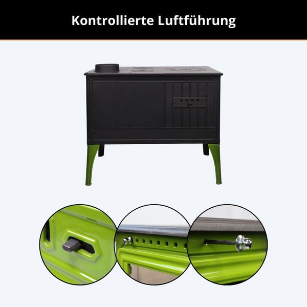 Holzherd mit kontrollierter Luftführung und Detailansichten der Schieberegler.