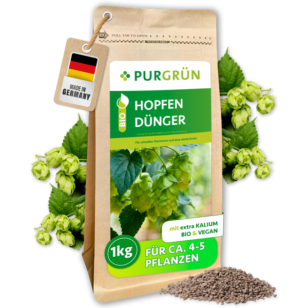 Purgrün Logo, Bio Hopfendünger, 1 Kilogramm Granulat, vegan, extra Kalium, für circa 4 bis 5 Pflanzen, hergestellt in Deutschland.