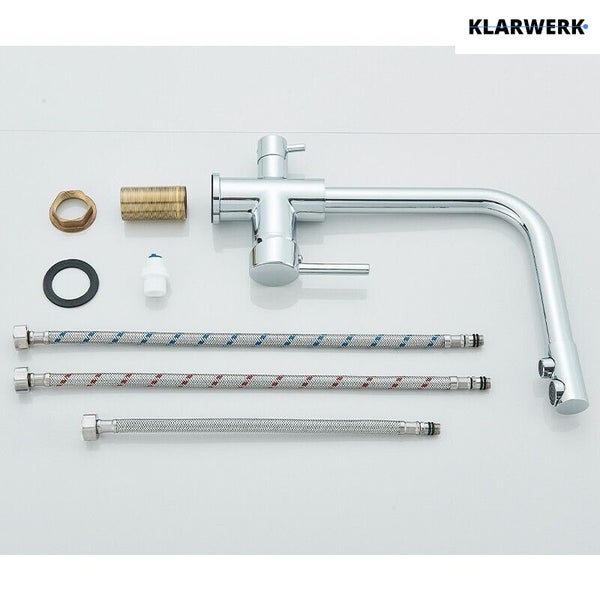 Klarwerk Küchenarmatur aus Chrom inklusive drei Anschlussschläuchen, Befestigungssatz und Dichtung. Klarwerk Logo.