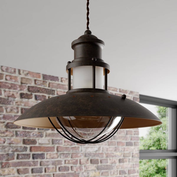 Hängelampe im Industrie Design mit Metallschirm und Glaskuppel