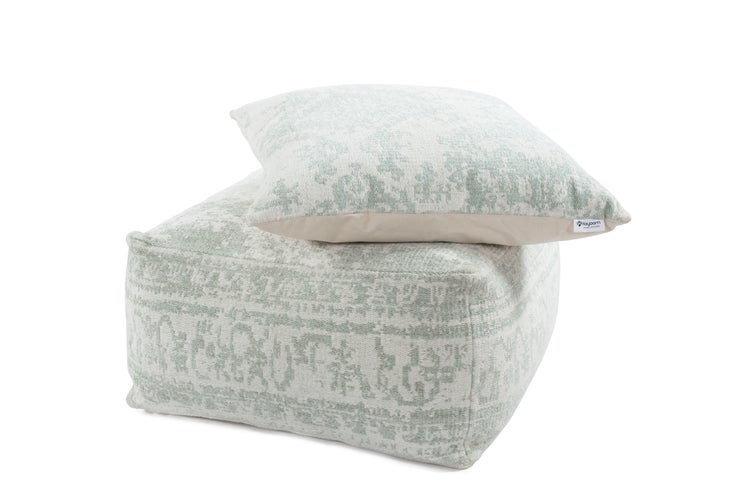 Pouf- Kissen-Set Hocker handgewebt Elfenbein / Mint 80 cm