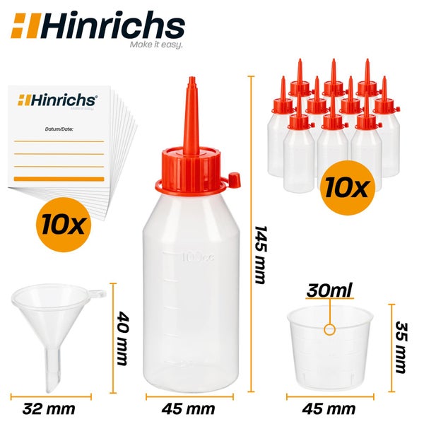 Hinrichs Logo. Set aus 10 Tropfflaschen zu 100 Milliliter, 10 Etiketten, einem Trichter und einem Messbecher inklusive Maßangaben.