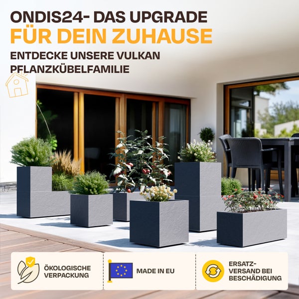Pflanzkübel Vulkan auf einer Terrasse. Symbole für ökologische Verpackung, hergestellt in der Europäischen Union und Ersatz bei Beschädigung.