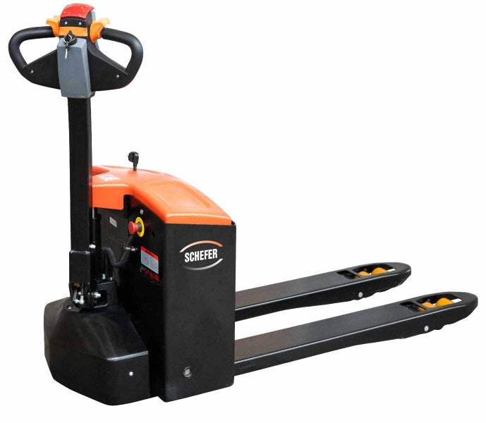 Elektro-Niederhubwagen von Schefer in Schwarz und Orange für den effizienten Transport von Paletten.
