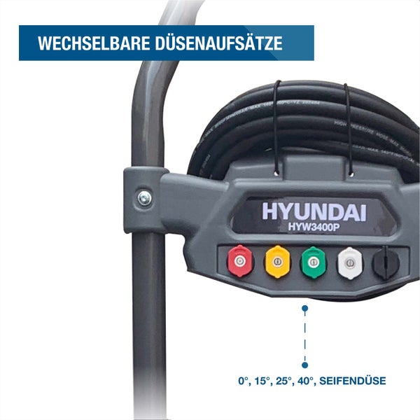 Hyundai Hochdruckreiniger HYW3400P mit Halterung für fünf wechselbare Düsenaufsätze von 0 Grad bis 40 Grad und Seifendüse.