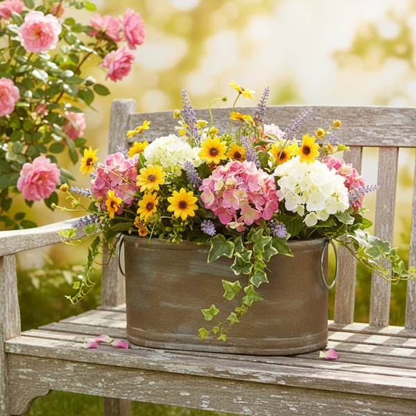 Blumenarrangement mit Hortensien, Sonnenblumen, Lavendel und Efeu in einer rustikalen Metallwanne auf einer hölzernen Gartenbank.