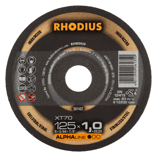 RHODIUS Trennscheibe XT70, 100 Stück, 125 x 1,0 x 22,23 mm für Edelstahl, Stahl, Metall, ALPHAline