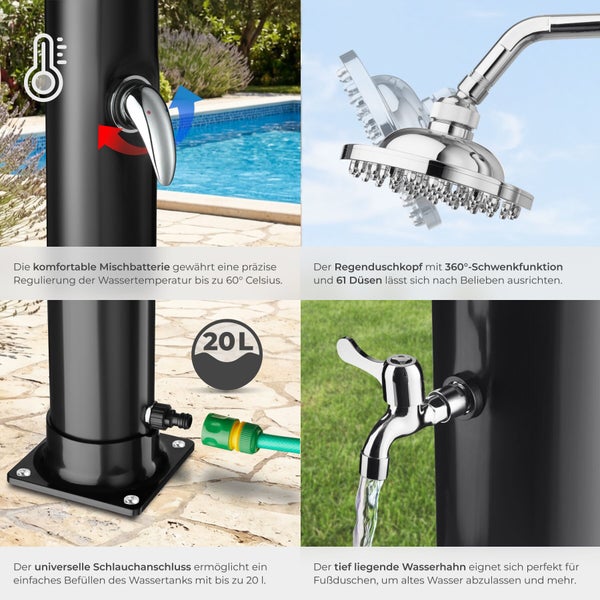 Solardusche mit Mischbatterie für bis zu 60 Grad Celsius, schwenkbarem Regenduschkopf, 20 Liter Wassertank-Anschluss und tiefem Wasserhahn.