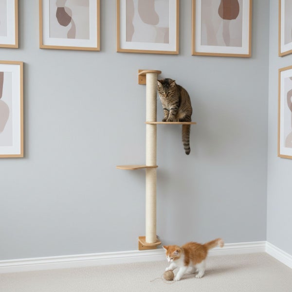 Wandmontierter Kratzbaum mit Sisalsäule und zwei Liegeflächen für Katzen an einer hellen Wohnzimmerwand mit Bilderrahmen.