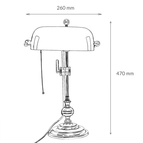 Skizze einer Schreibtischlampe mit den Maßen 260 mm Breite und 470 mm Höhe.