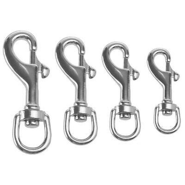 Set von vier Karabinerhaken mit Wirbel aus Metall in verschiedenen Größen.