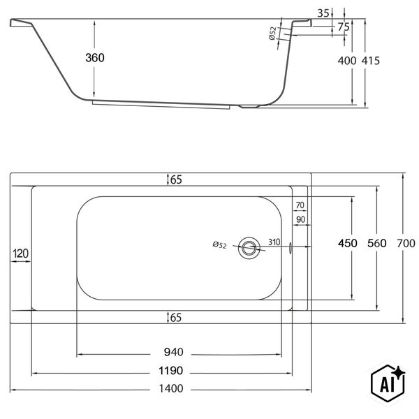 Technische Zeichnung mit Maßangaben einer Badewanne in der Draufsicht und Seitenansicht zur Planung der Badsanierung.
