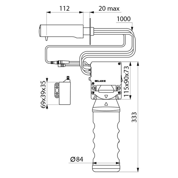 Technische Zeichnung einer Delabie Armatur mit detaillierten Maßangaben in Millimetern.
