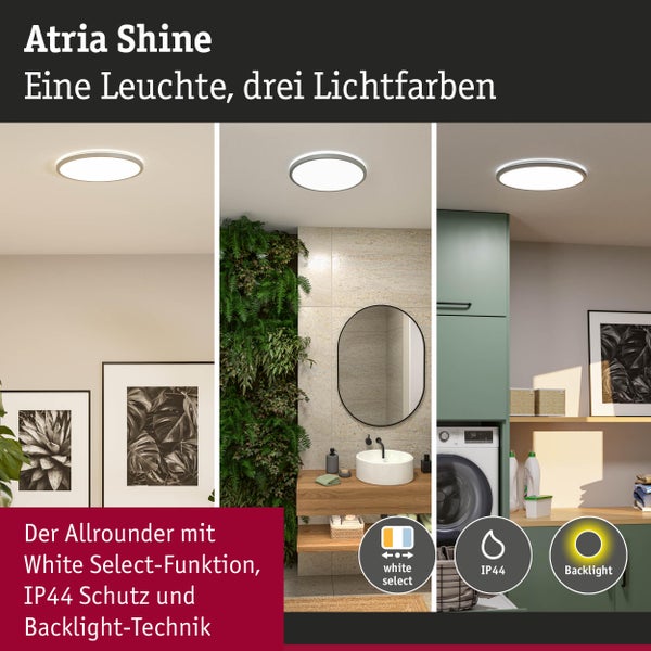 LED-Deckenleuchte Atria Shine in hellem Wohnzimmer, Badezimmer und Waschküche. Mit einstellbarer Lichtfarbe, Spritzwasserschutz IP44 und Backlight.