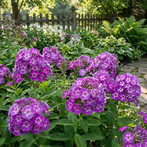 Lilafarbene Flammenblumen Phlox in einem hellen Garten mit grünem Laub, einem Holzzaun und einem Steinweg im Hintergrund.