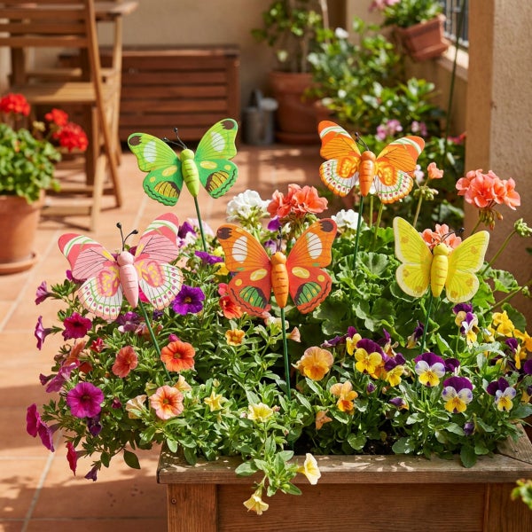Set mit dekorativen Schmetterlingssteckern in einem Blumenkasten auf einer Terrasse mit verschiedenen blühenden Pflanzen im Hintergrund.