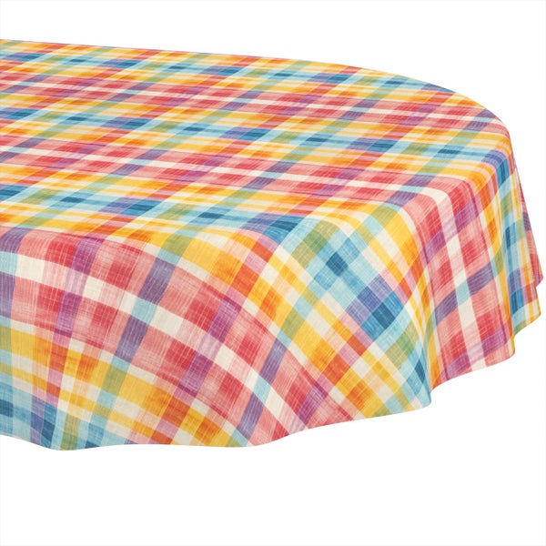 Runde Tischdecke mit buntem Karomuster.