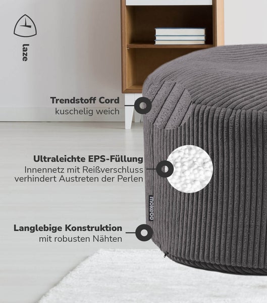 mokebo Pouf oder Sitzhocker aus Cord 'Der Faule Lenz', Fußhocker in Anthrazit mit EPS-Perlen Füllung