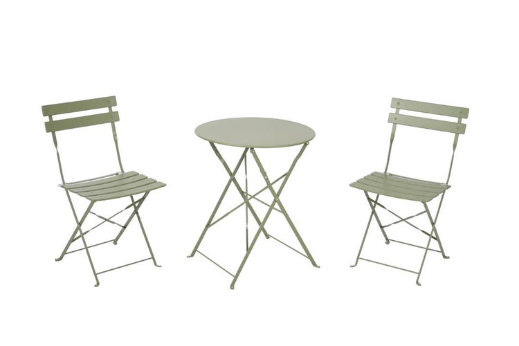 Dreiteiliges Balkonset aus Metall mit einem runden Klapptisch und zwei klappbaren Gartenstühlen.