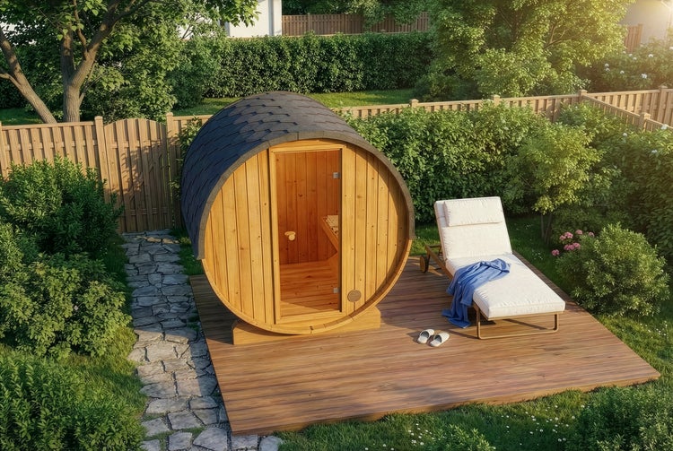 Fasssauna aus Holz mit Schindeldach auf einer Holzterrasse im grünen Garten mit Sonnenliege und Steinpfad.
