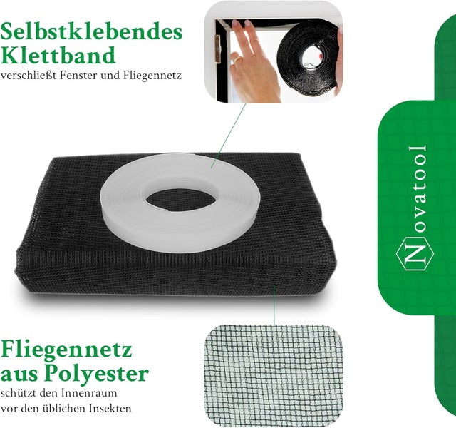 Schwarzes Novatool Fliegennetz aus Polyester mit selbstklebendem Klettband zur Montage am Fensterrahmen. Novatool Logo.