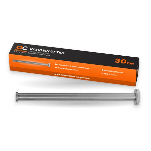 Kleiderlüfter aus gebürstetem Edelstahl mit 30 Zentimeter Länge und Wandhalterung inklusive Produktverpackung