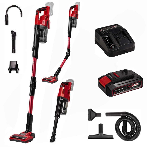 Einhell Akku-Stielsauger Set in Rot und Schwarz mit 18 Volt Akku, Ladegerät und Zubehör wie Fugendüse, Polsterdüse und Saugschlauch.