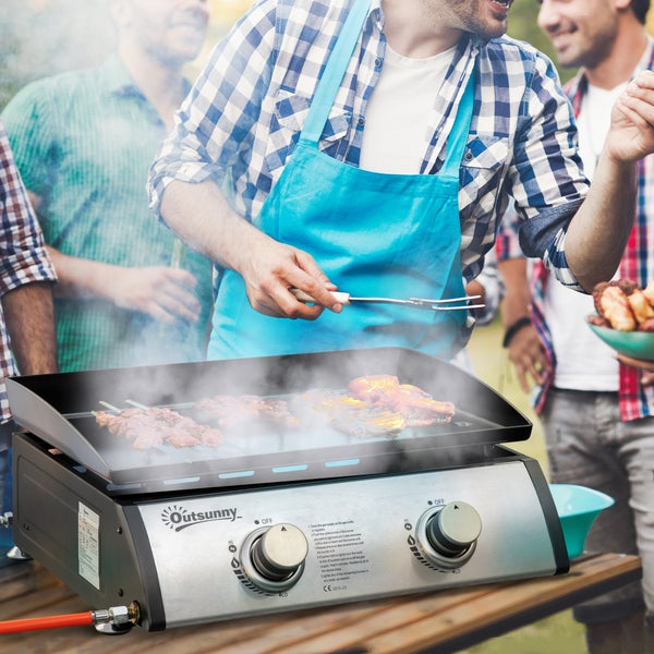 Outsunny Gasgrill, Tischgrill, BBQ mit 2 Brennern, mit Schlauch, Antihaft-Grillplatte, 48,5 x 46 x 21 cm, Edelstahl+Metall, Silber