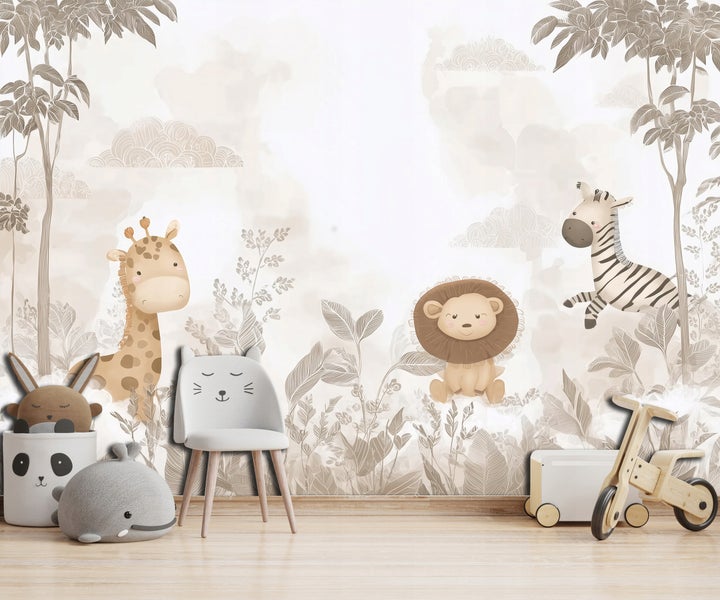 Kinderzimmer mit Tiermotiven-Tapete, Stuhl und Spielzeug