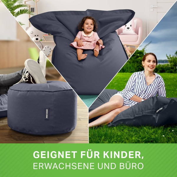 Green Bean 2er Set XXL Sitzsack inkl. Pouf fertig befüllt mit EPS-Perlen - Riesensitzsack 140x180 Lounge Sitz-Kissen Bean-Bag Chair  - Dunkelgrau