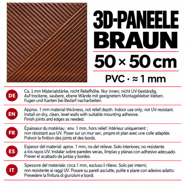 3D Wandpaneel aus PVC mit Streifenstruktur, quadratisch 50 mal 50 Zentimeter, Materialstaerke circa 1 Millimeter, fuer Innenbereiche.