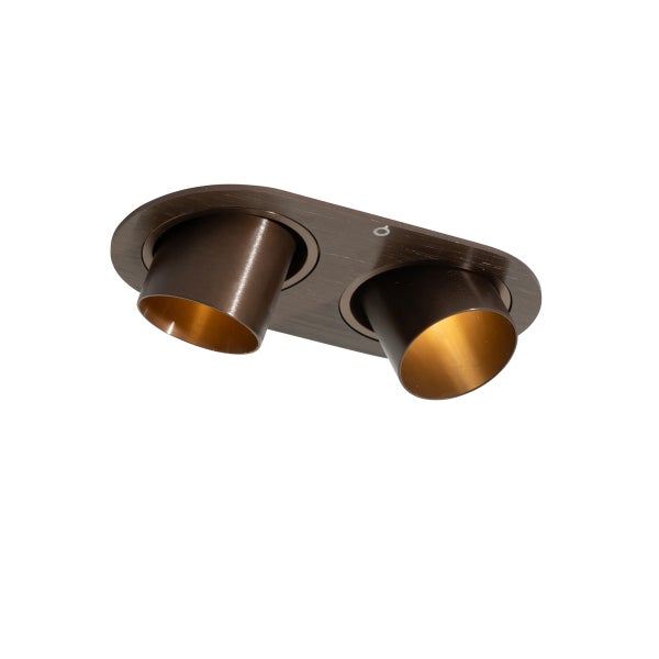 Zweiflammiger Einbaustrahler aus Metall mit ovalem Gehäuse und zylindrischen, schwenkbaren Spots in Bronze und Gold.