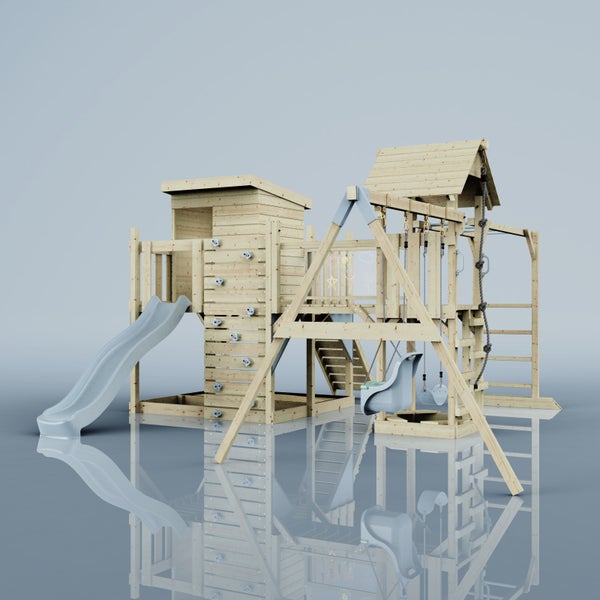 Spielplatz mit Rutsche, Schaukel und Kletterwand aus Holz