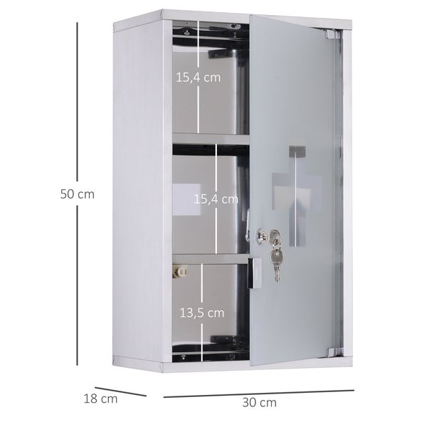 HOMCOM Medizinschrank Arzneischrank Erste Hilfe Schrank mit Schloss Edelstahl 30 x 18 x 50 cm