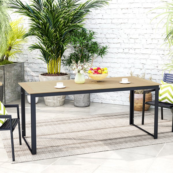Outsunny Gartentisch Metall 175x78 cm Wetterfest Balkontisch mit Holzoptik, Lamellendesign Buffettisch Campingtisch für 6 Personen Terrassentisch Outdoor Esstisch für Garten, Terrasse Balkon Schwarz
