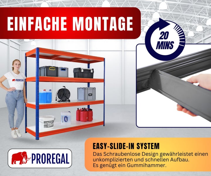 Proregal Logo. Schwerlastregal mit Easy-Slide-In System, einfache schraubenlose Montage in 20 Minuten, Metallregal mit vier Fachböden.